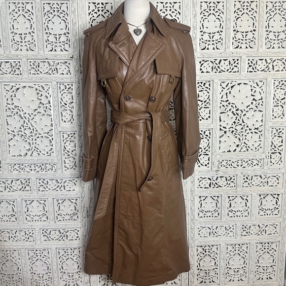 Etienne Aigner Jackets & Blazers - Vintage Etienne Aigner Brown Leather Longline Double Breasted Trench Coat Sz M